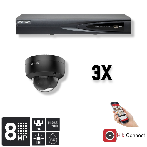 Hikvision Set 3x Dome 8MP + Rekorder & Verkabelung