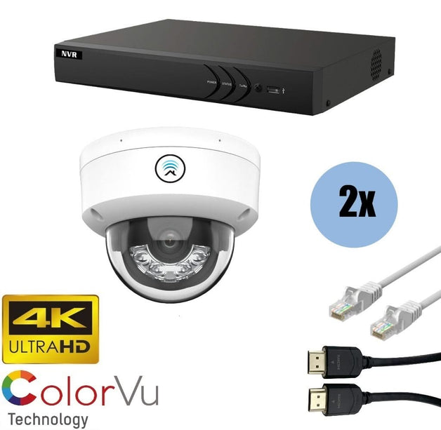 ASE Kit, 2x Dome, 8Mp 4K Ultra HD ColorVu Binnen camera, met NVR en bekabeling