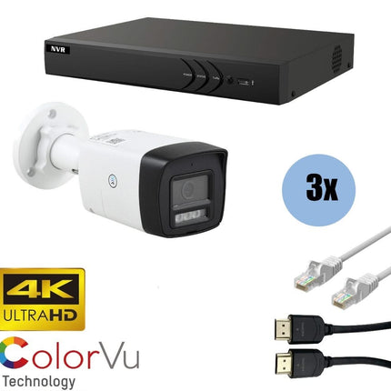 ASE Kit, 3x Bullet, 8Mp 4K Ultra HD, ColorVu met NVR en bekabeling