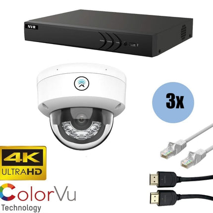 ASE Kit, 3x Dome, 8Mp 4K Ultra HD ColorVu Binnen camera, met NVR en bekabeling