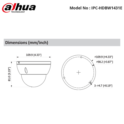 Dahua Dahua IPC-HDBW1430DE-SW 4 MP WiFi Fixed Dome Micro SD