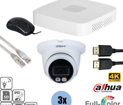 Dahua Dahua Set 3x Turret 8MP 4K Full-Color + Recorder & Bekabeling