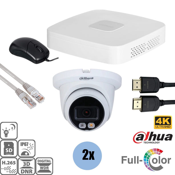 Dahua Set 2x Turret 8MP 4K Full-Color + Recorder & Cabling