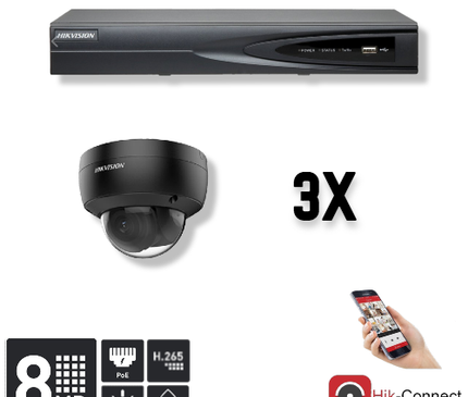 Hikvision Set 3x Dôme 8MP + Enregistreur & Câblage