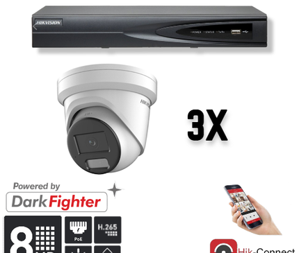 Hikvision Hikvision Set 3x Turret 8MP + Recorder & Bekabeling