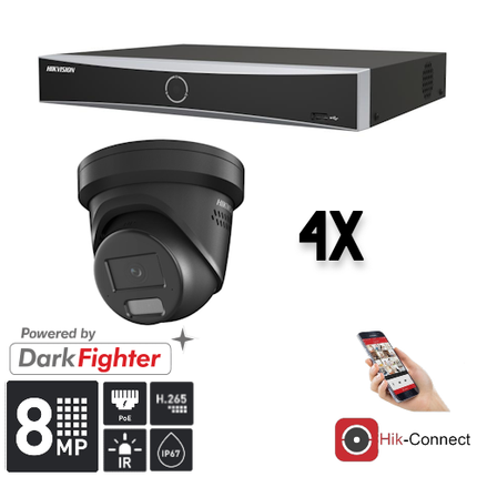 Hikvision Set 4x Turret 8MP + Recorder & Bekabeling